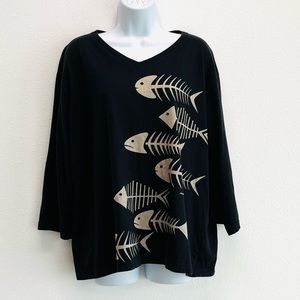 Marüshka Handprints Fish Skeleton V Neck Shirt